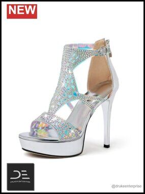 Strappy High Heel Platform Sandals with Rhinestones, Open Toe Gladiator Heels